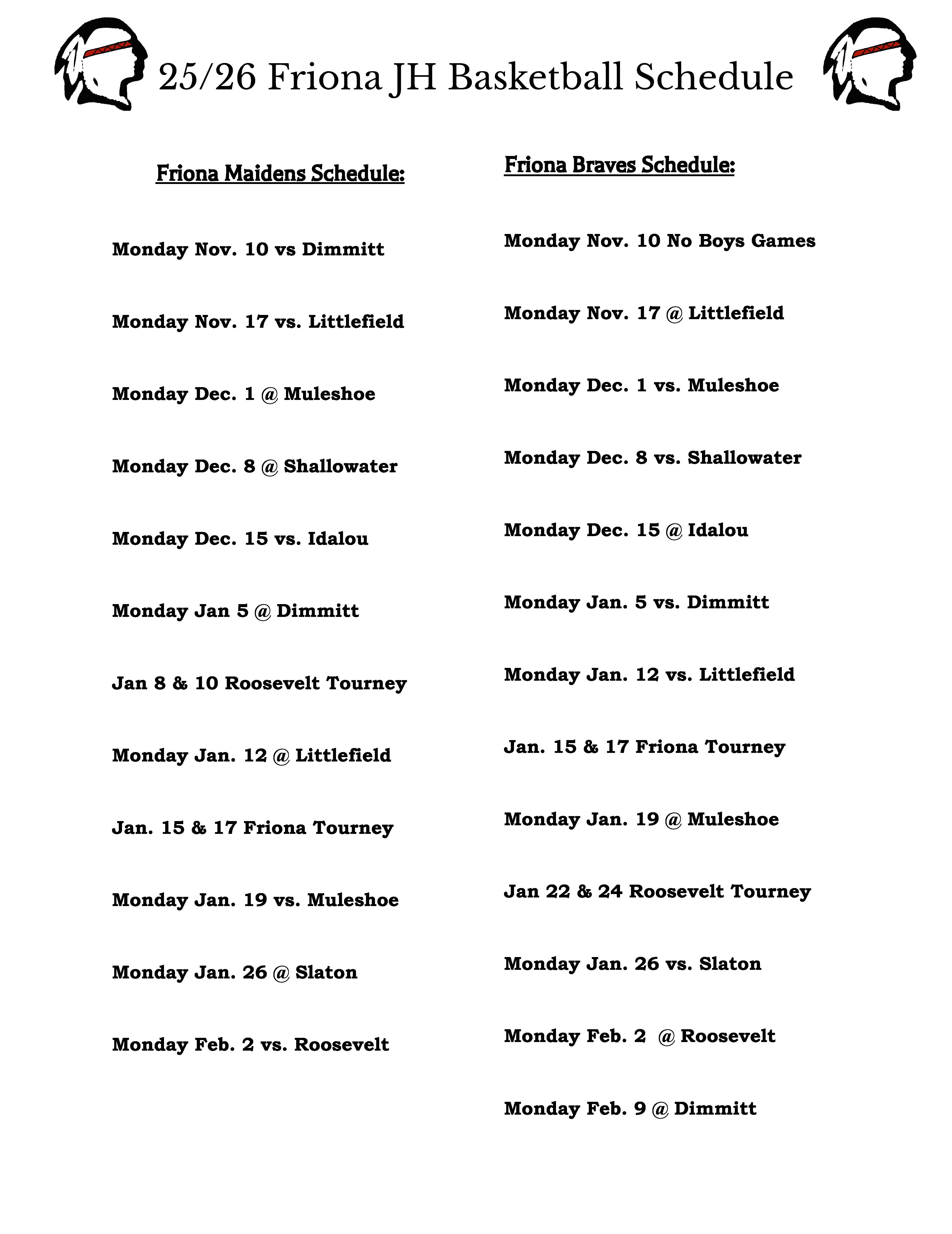 JH Basketball Schedule